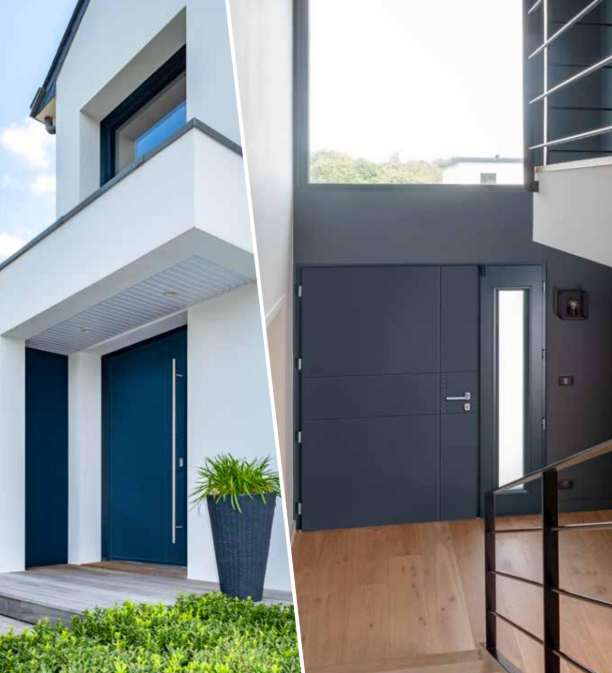 double photos scindée en deux, avec un extérieur avec sa porte bleue en aluminium et son intérieur